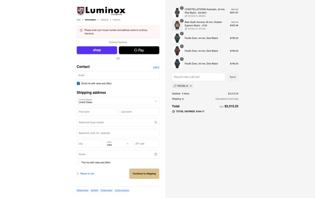 Luminox checkout page showing Luminox discount code box | Screenshot taken by SimplyCodes community member on Sep 4, 2025