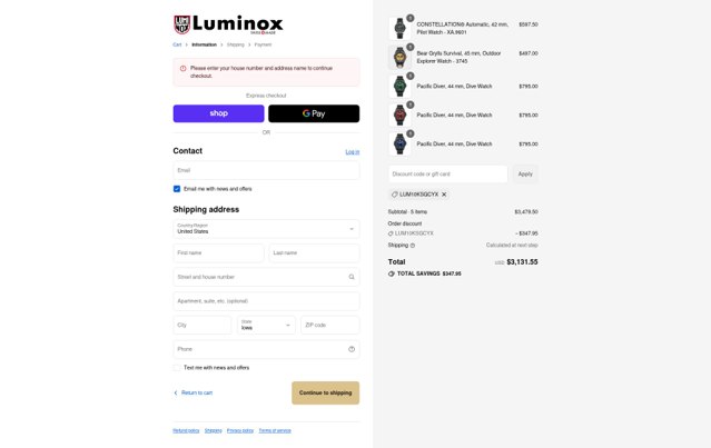 Luminox checkout page showing Luminox discount code box | Screenshot taken by SimplyCodes community member on Sep 4, 2025