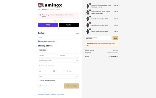 Luminox checkout page showing Luminox discount code box | Screenshot taken by SimplyCodes community member on Sep 4, 2025