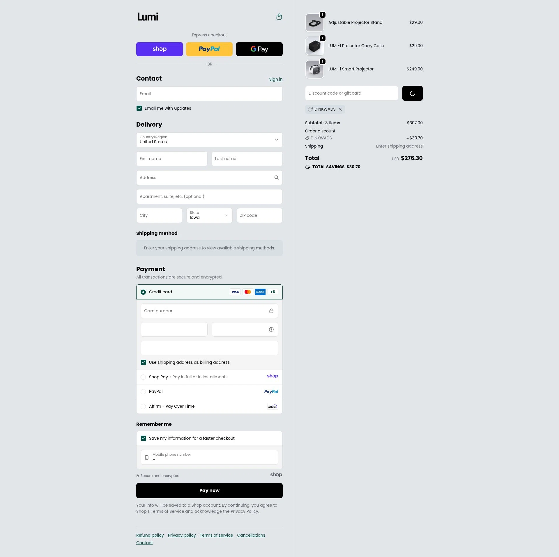 Lumi Projector checkout page showing Lumi Projector discount code box | Screenshot taken by SimplyCodes community member on Dec 27, 2025