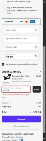 OFFVIP coupon verification screenshot