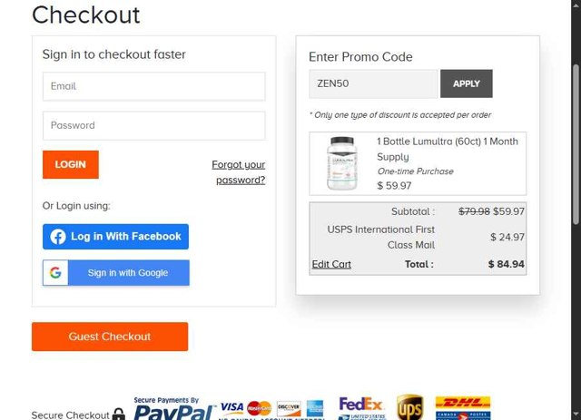 LumUltra checkout page showing LumUltra promo code box | Screenshot taken by SimplyCodes community member on Aug 6, 2025