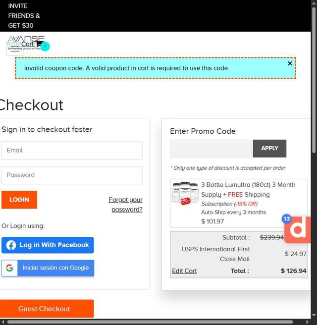 LumUltra checkout page showing LumUltra promo code box | Screenshot taken by SimplyCodes community member on Aug 6, 2025