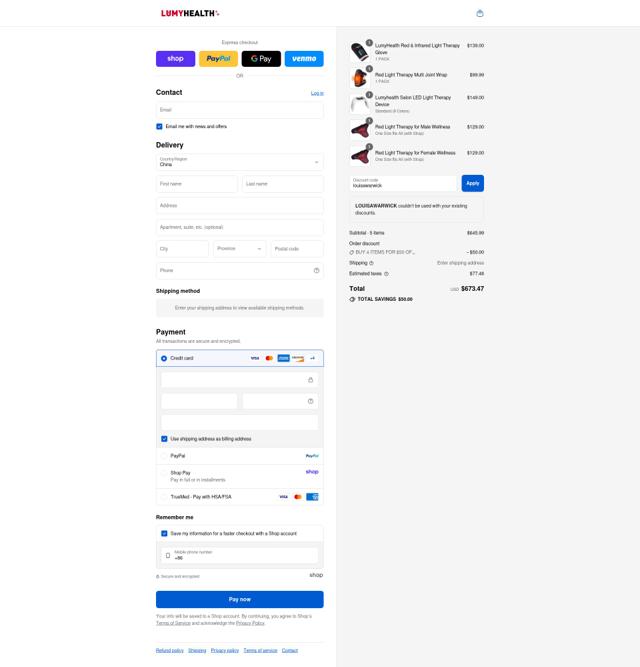 LUMYHEALTH checkout page showing LUMYHEALTH promo code box | Screenshot taken by SimplyCodes community member on Sep 6, 2025