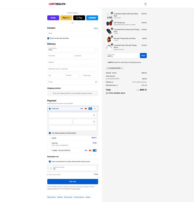 LUMYHEALTH checkout page showing LUMYHEALTH promo code box | Screenshot taken by SimplyCodes community member on Sep 10, 2025