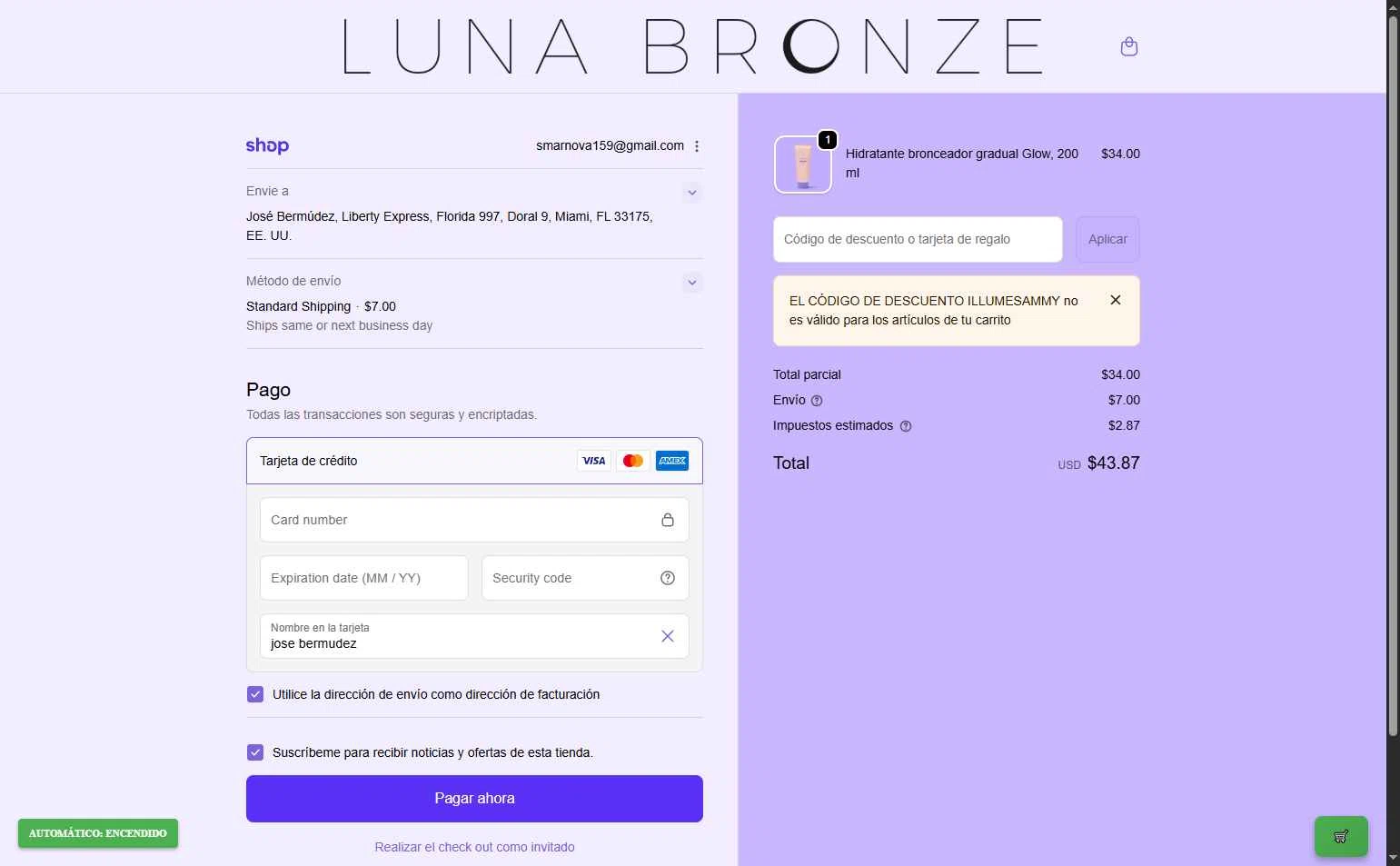 Luna Bronze checkout page showing Luna Bronze promo code box | Screenshot taken by SimplyCodes community member on Dec 27, 2025