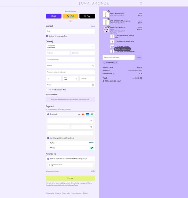 Luna Bronze checkout page showing Luna Bronze promo code box | Screenshot taken by SimplyCodes community member on Sep 11, 2025