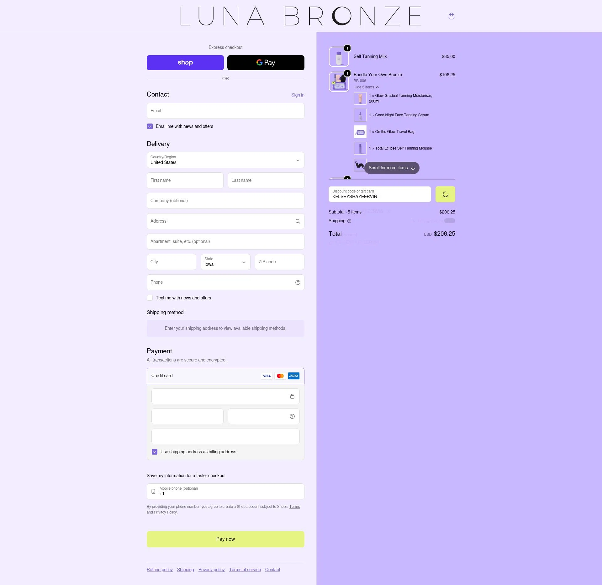 Luna Bronze checkout page showing Luna Bronze promo code box | Screenshot taken by SimplyCodes community member on Feb 25, 2026