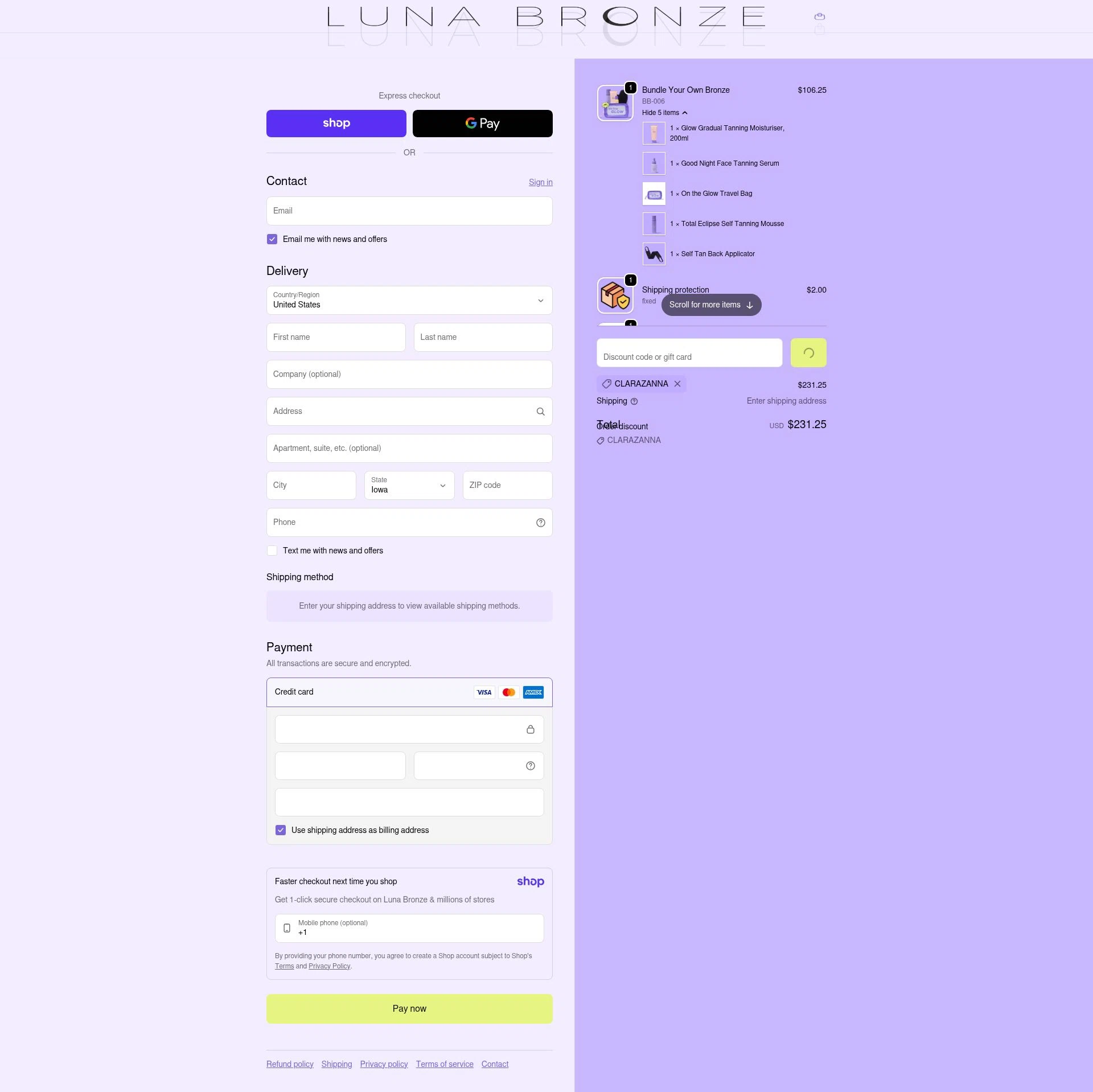 Luna Bronze checkout page showing Luna Bronze promo code box | Screenshot taken by SimplyCodes community member on Jan 16, 2026