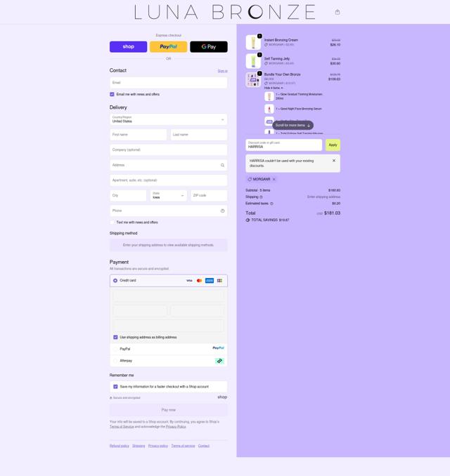 Luna Bronze checkout page showing Luna Bronze promo code box | Screenshot taken by SimplyCodes community member on Oct 2, 2025