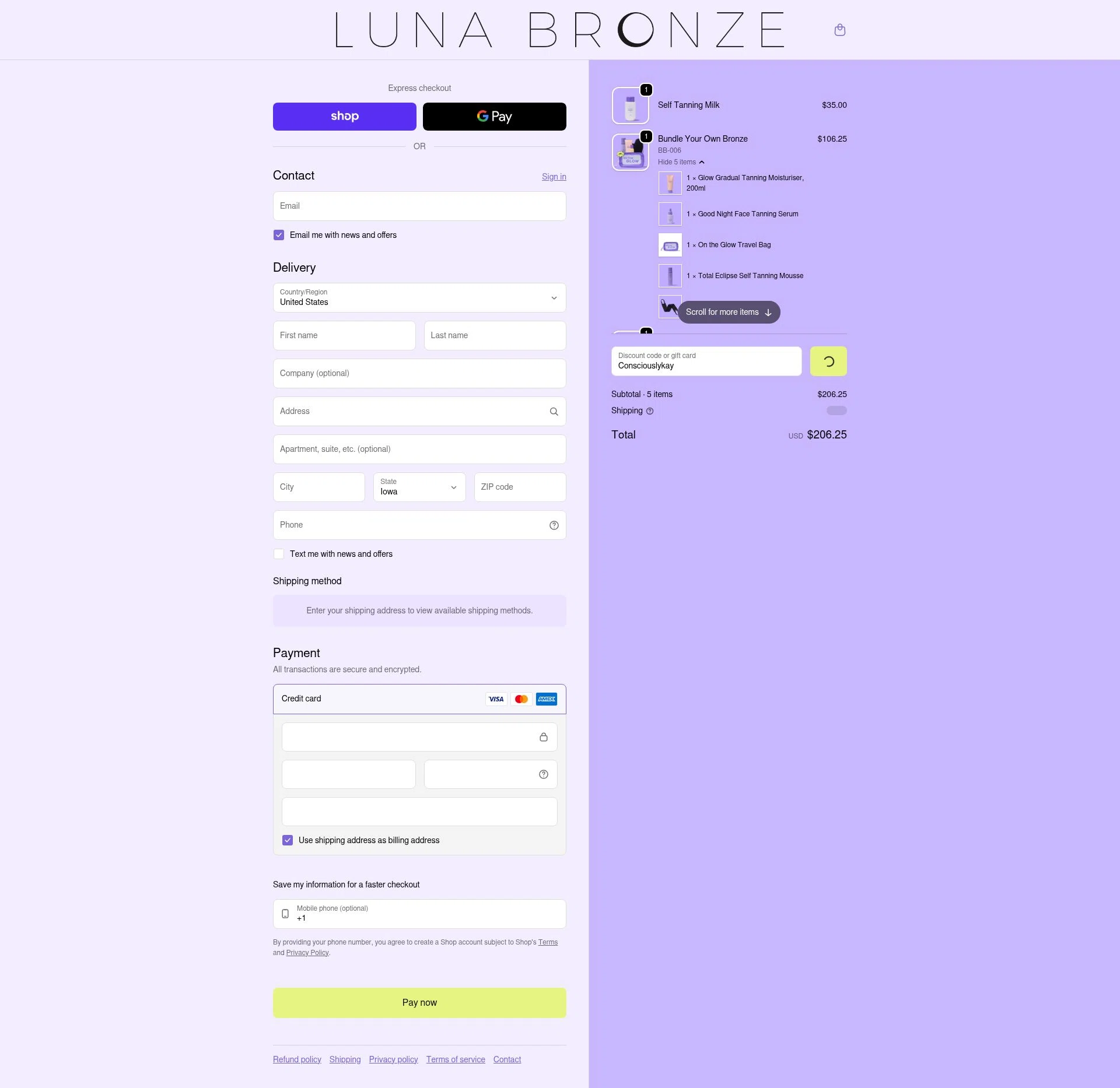 Luna Bronze checkout page showing Luna Bronze promo code box | Screenshot taken by SimplyCodes community member on Feb 25, 2026