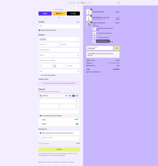 Luna Bronze checkout page showing Luna Bronze promo code box | Screenshot taken by SimplyCodes community member on Sep 11, 2025