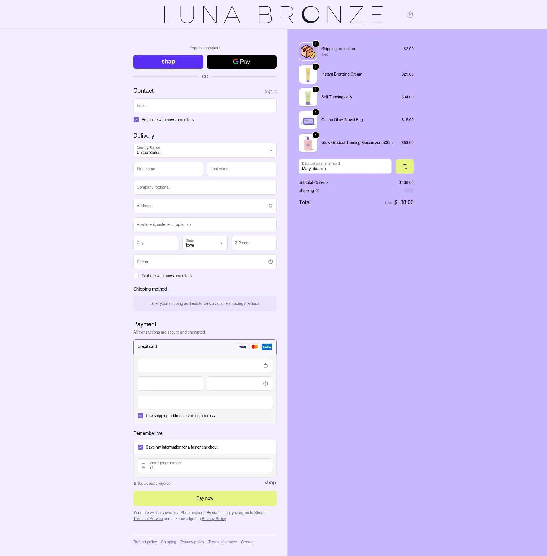 Luna Bronze checkout page showing Luna Bronze promo code box | Screenshot taken by SimplyCodes community member on Dec 26, 2025