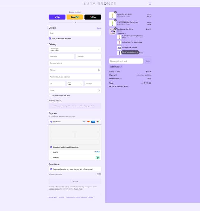 Luna Bronze checkout page showing Luna Bronze promo code box | Screenshot taken by SimplyCodes community member on Sep 11, 2025