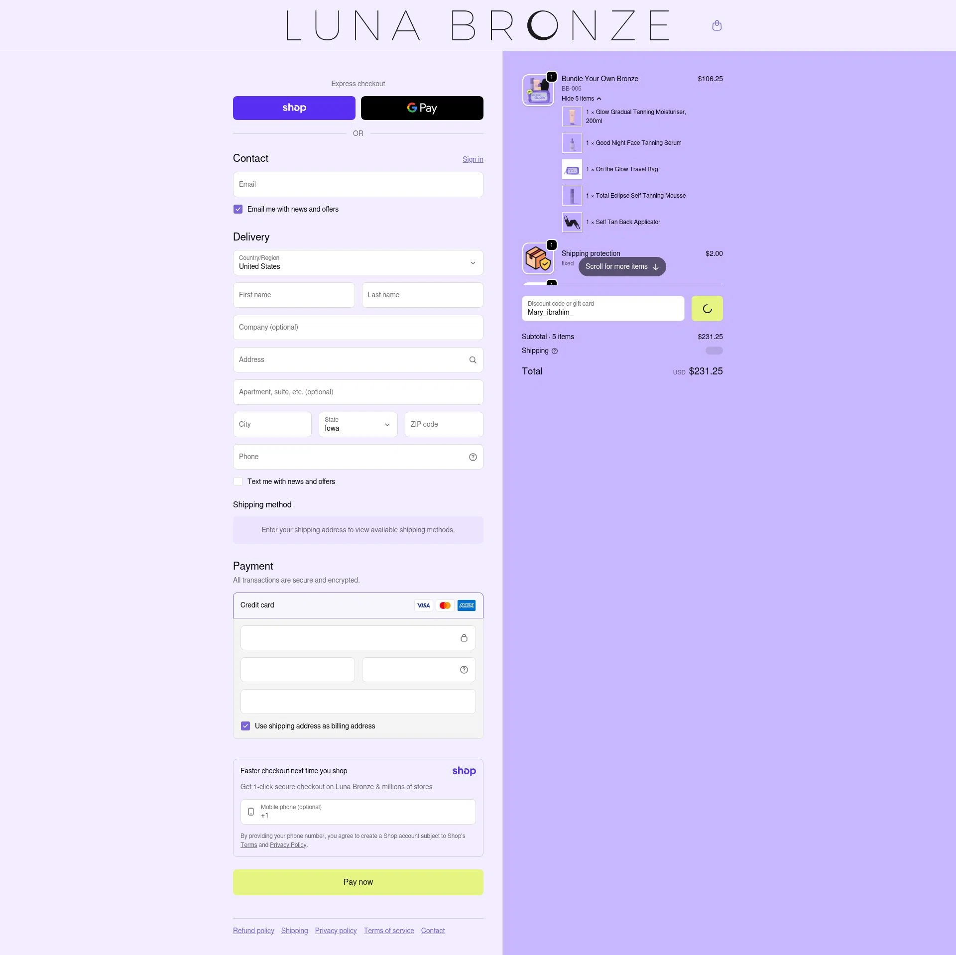 Luna Bronze checkout page showing Luna Bronze promo code box | Screenshot taken by SimplyCodes community member on Jan 16, 2026