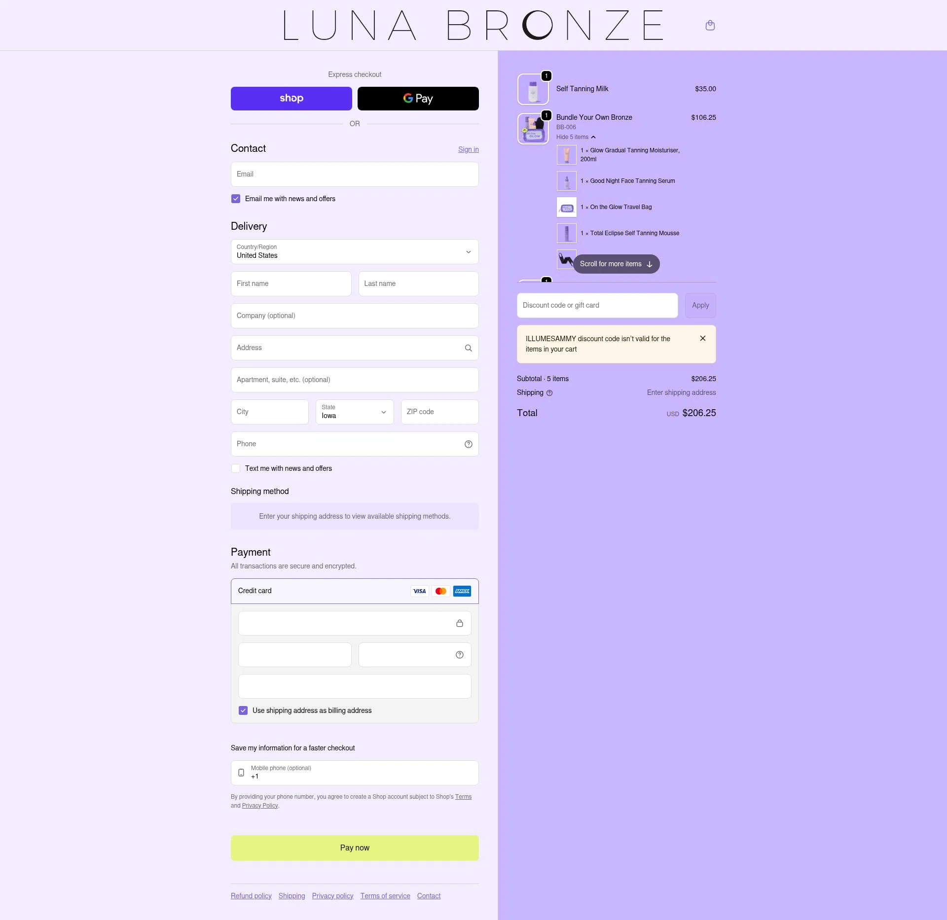 Luna Bronze checkout page showing Luna Bronze promo code box | Screenshot taken by SimplyCodes community member on Feb 25, 2026