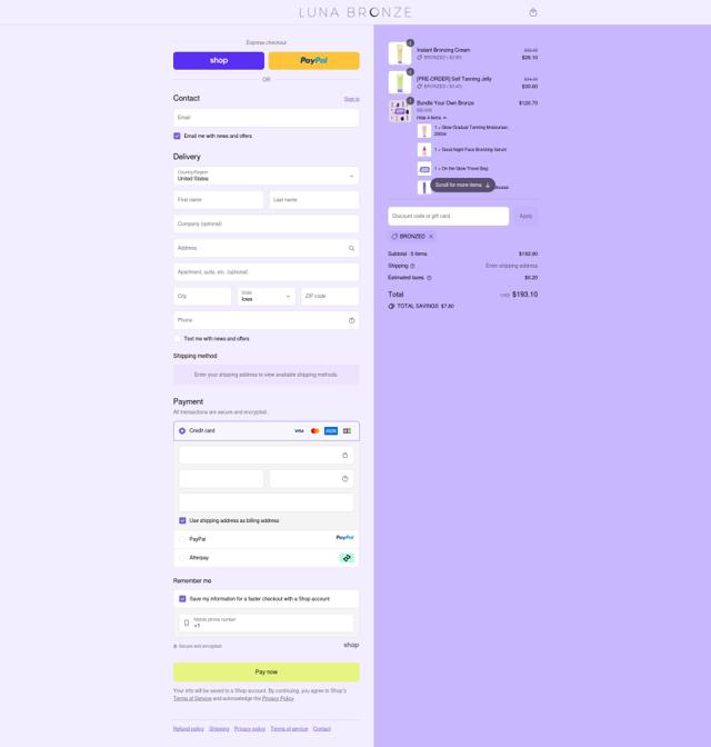 Luna Bronze checkout page showing Luna Bronze promo code box | Screenshot taken by SimplyCodes community member on Sep 15, 2025