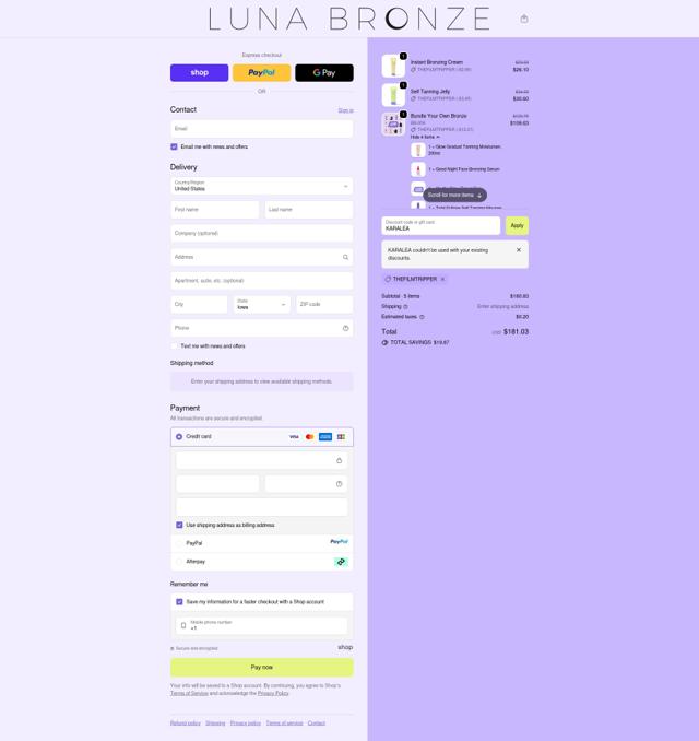 Luna Bronze checkout page showing Luna Bronze promo code box | Screenshot taken by SimplyCodes community member on Oct 2, 2025