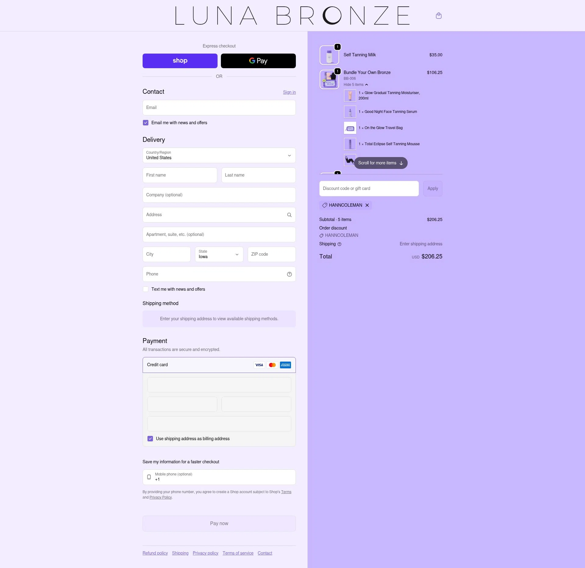 Luna Bronze checkout page showing Luna Bronze promo code box | Screenshot taken by SimplyCodes community member on Feb 25, 2026