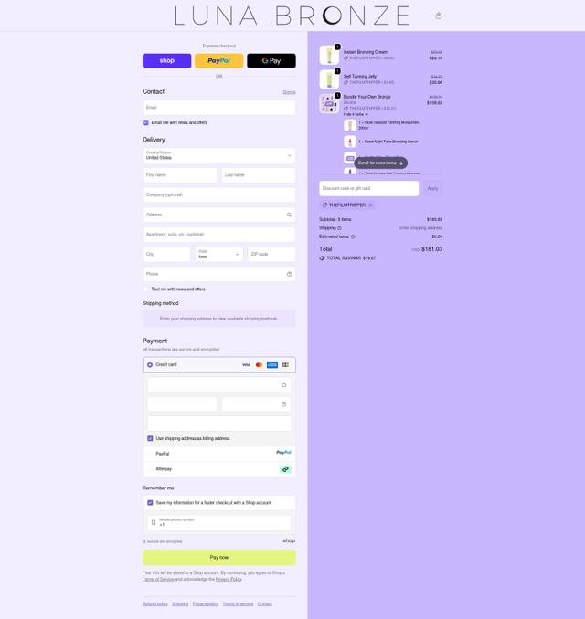 Luna Bronze checkout page showing Luna Bronze promo code box | Screenshot taken by SimplyCodes community member on Oct 2, 2025