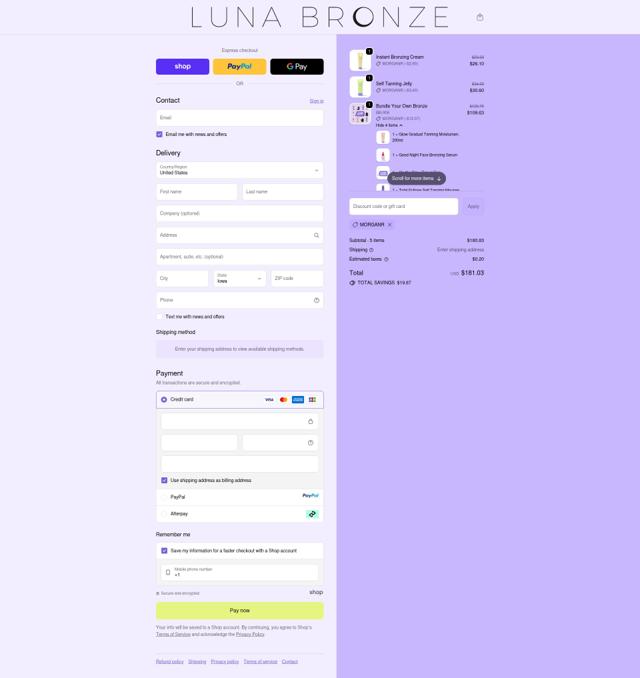 Luna Bronze checkout page showing Luna Bronze promo code box | Screenshot taken by SimplyCodes community member on Oct 2, 2025