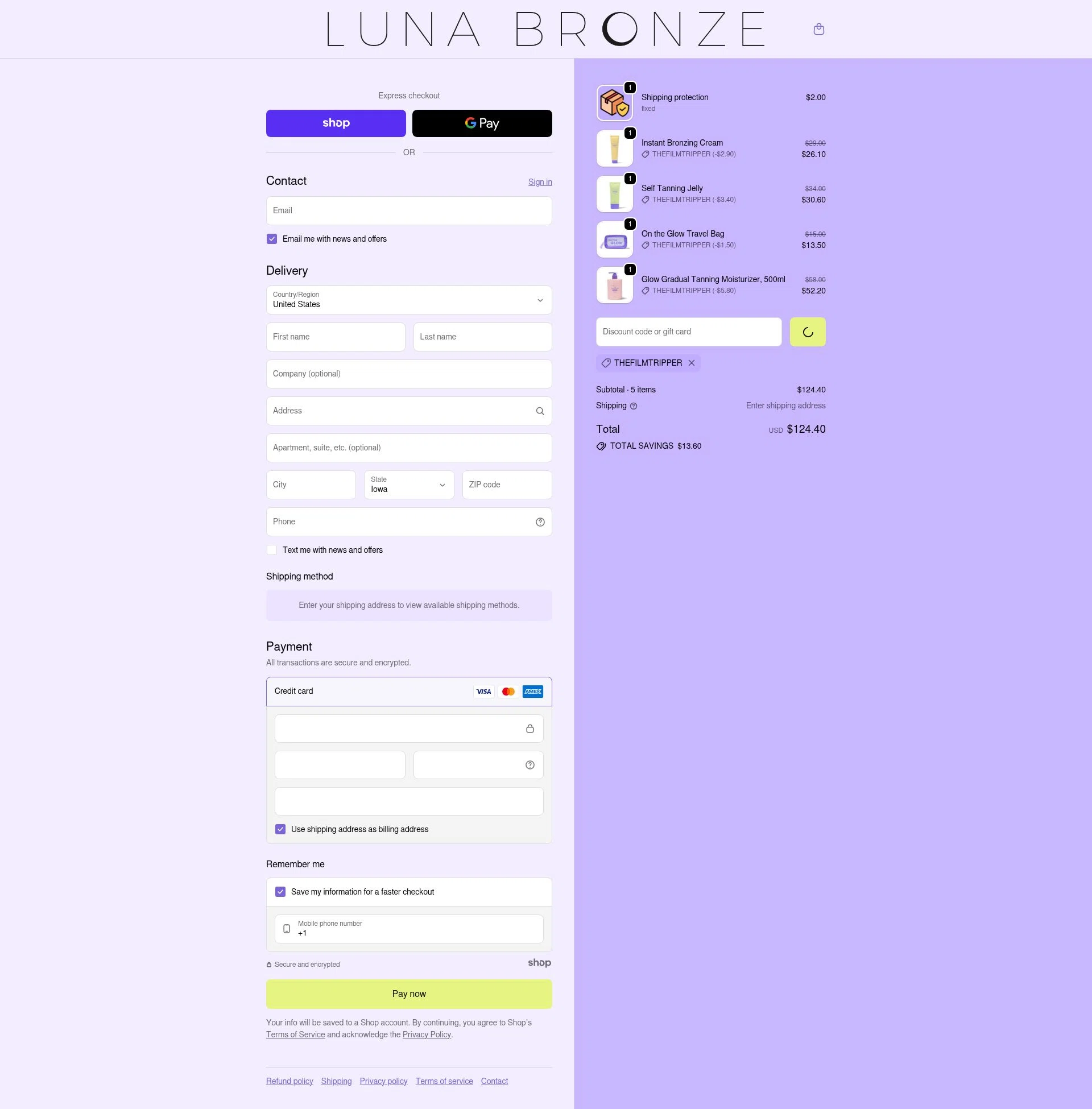 Luna Bronze checkout page showing Luna Bronze promo code box | Screenshot taken by SimplyCodes community member on Dec 26, 2025