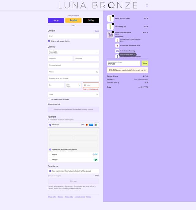 Luna Bronze checkout page showing Luna Bronze promo code box | Screenshot taken by SimplyCodes community member on Sep 24, 2025