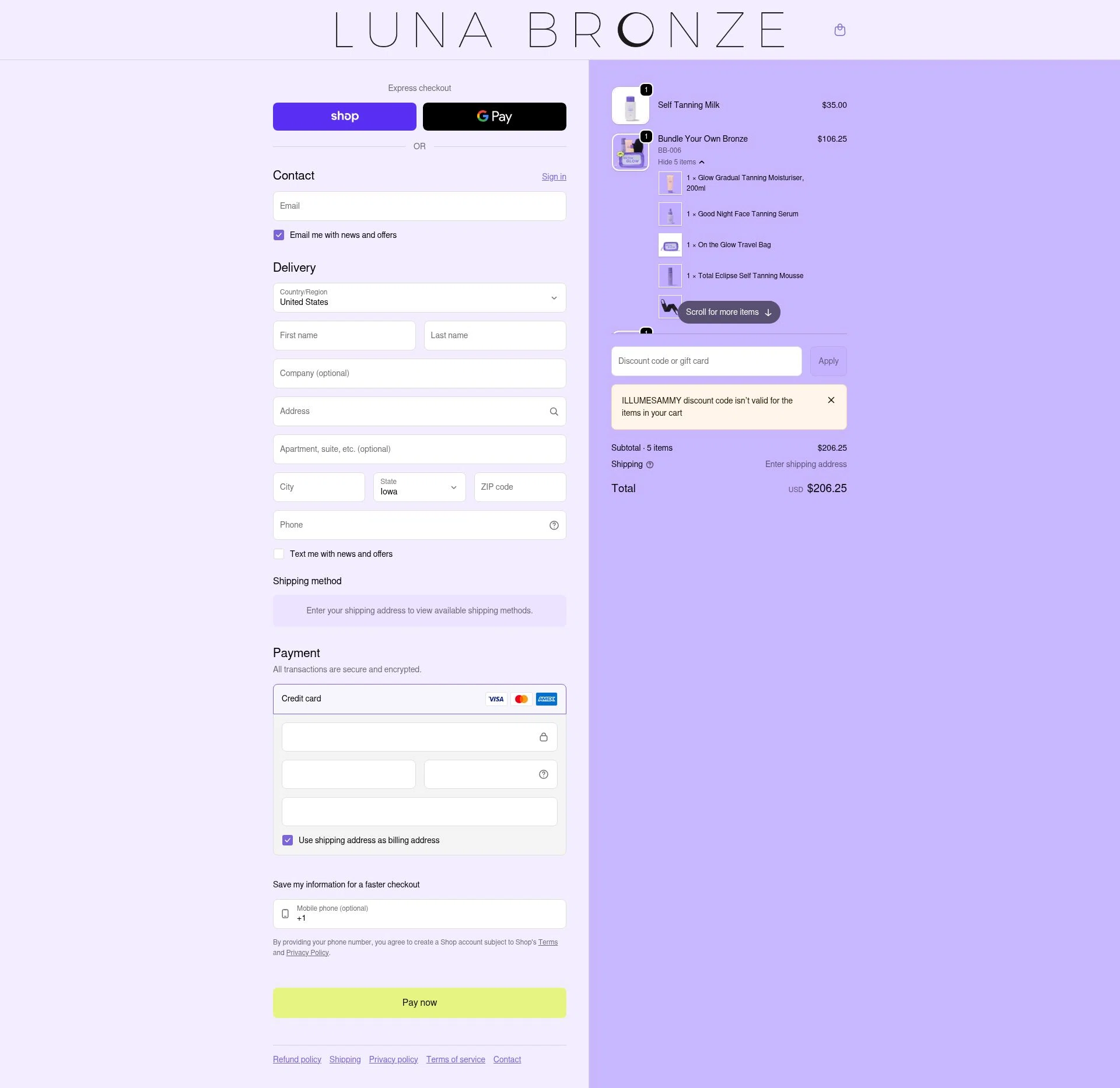 Luna Bronze checkout page showing Luna Bronze promo code box | Screenshot taken by SimplyCodes community member on Feb 5, 2026