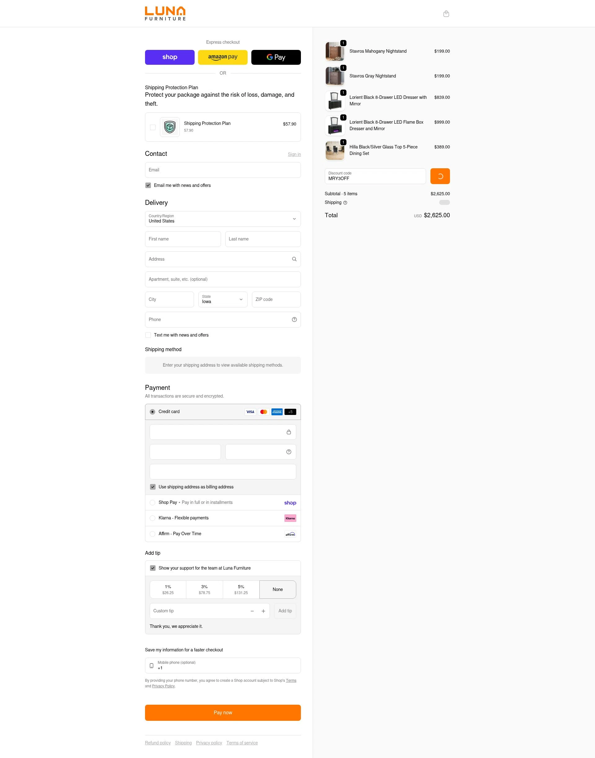 Luna Furniture checkout page showing Luna Furniture discount code box | Screenshot taken by SimplyCodes community member on Feb 5, 2026