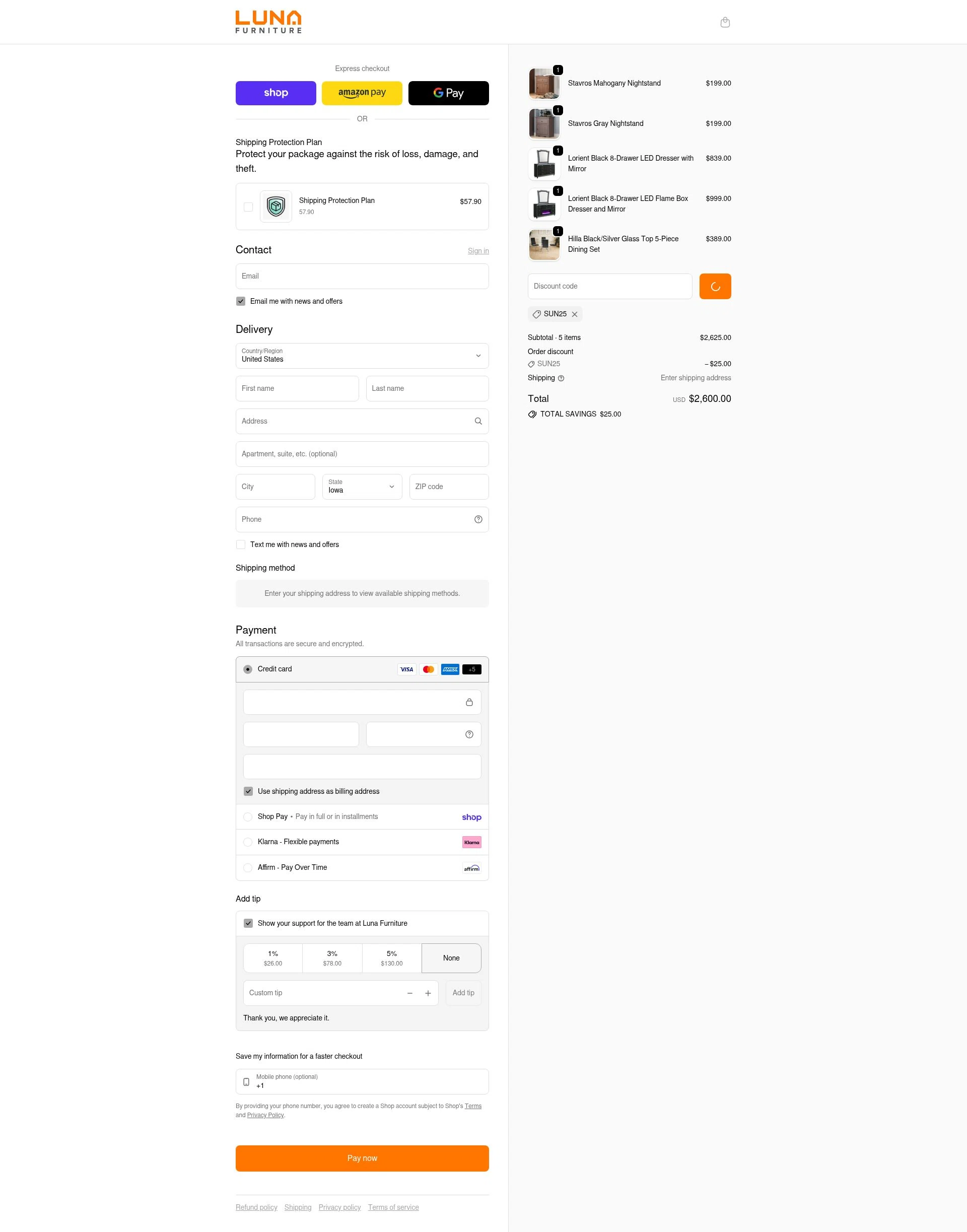 Luna Furniture checkout page showing Luna Furniture discount code box | Screenshot taken by SimplyCodes community member on Feb 5, 2026