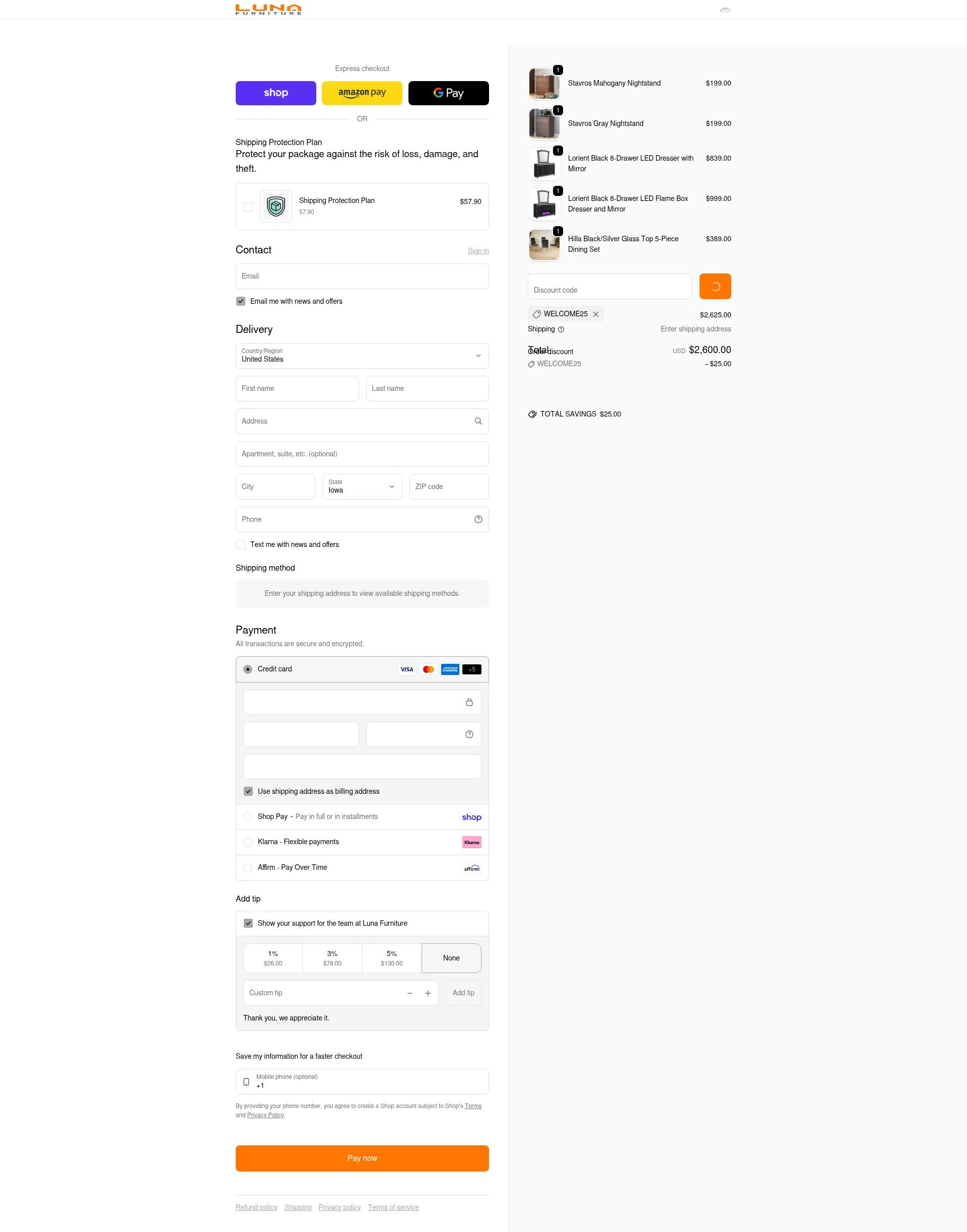 Luna Furniture checkout page showing Luna Furniture discount code box | Screenshot taken by SimplyCodes community member on Feb 5, 2026
