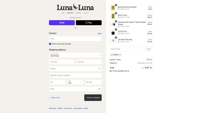 Luna Luna checkout page showing Luna Luna discount code box | Screenshot taken by SimplyCodes community member on Sep 6, 2025