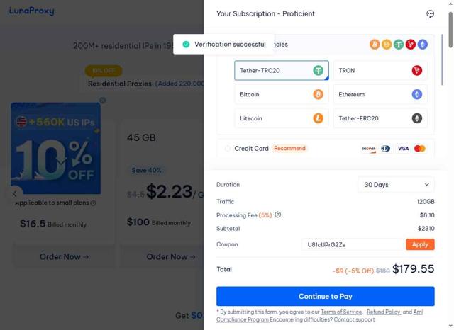 Lunaproxy checkout page showing Lunaproxy promo code box | Screenshot taken by SimplyCodes community member on Jun 18, 2025