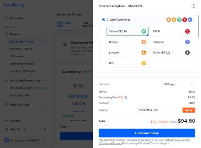 Lunaproxy checkout page showing Lunaproxy promo code box | Screenshot taken by SimplyCodes community member on Jul 12, 2025