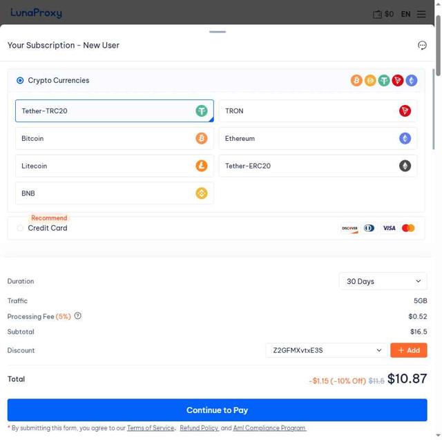 Lunaproxy checkout page showing Lunaproxy promo code box | Screenshot taken by SimplyCodes community member on Aug 11, 2025