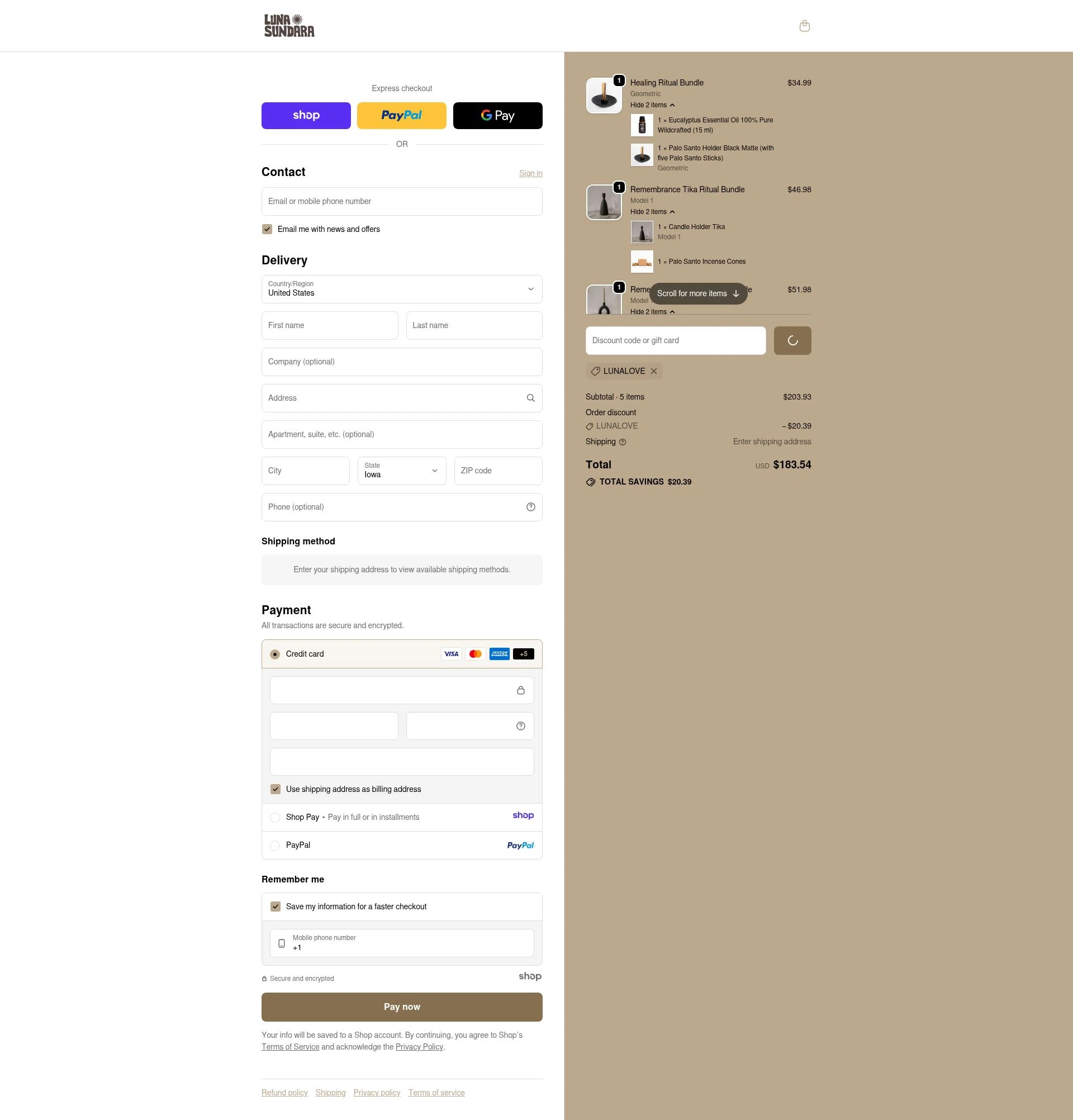 Luna Sundara checkout page showing Luna Sundara promo code box | Screenshot taken by SimplyCodes community member on Dec 28, 2025