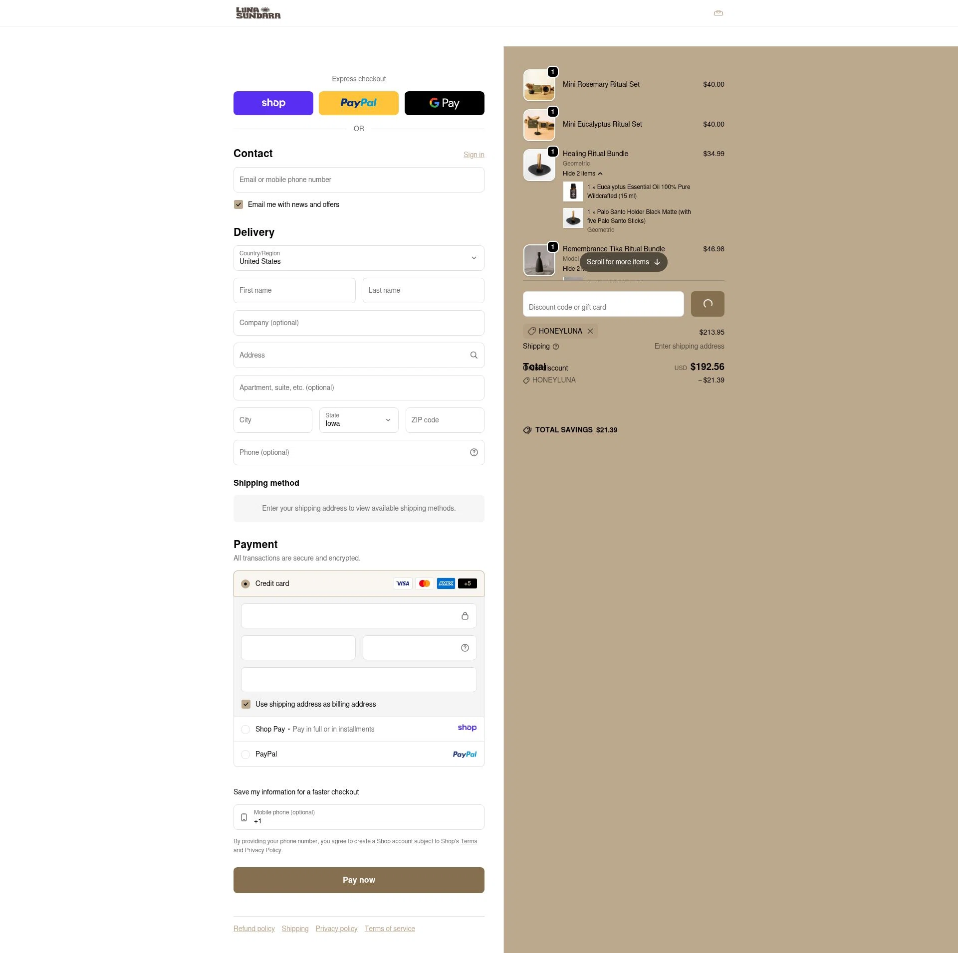 Luna Sundara checkout page showing Luna Sundara promo code box | Screenshot taken by SimplyCodes community member on Jan 7, 2026