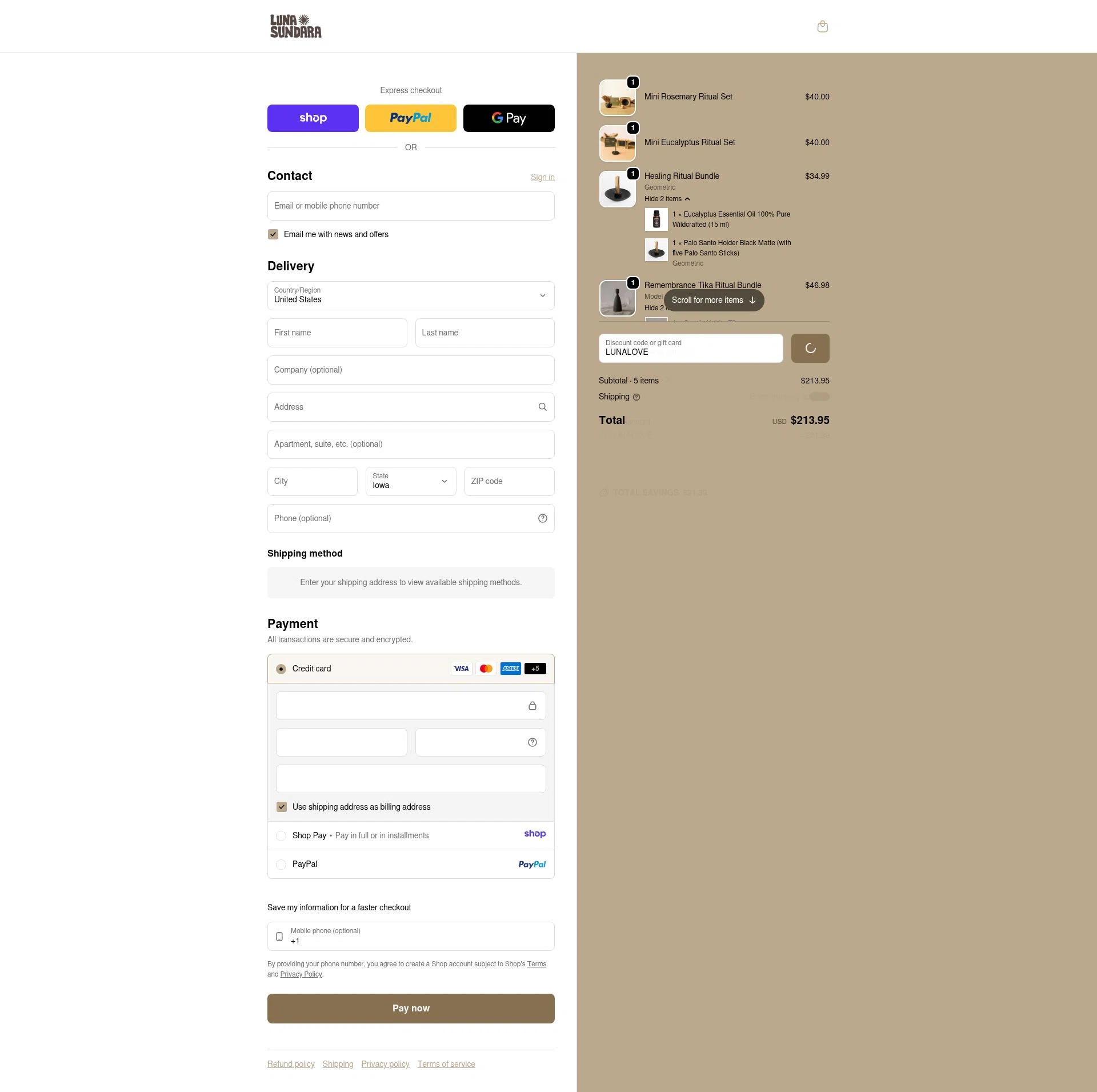 Luna Sundara checkout page showing Luna Sundara promo code box | Screenshot taken by SimplyCodes community member on Jan 7, 2026