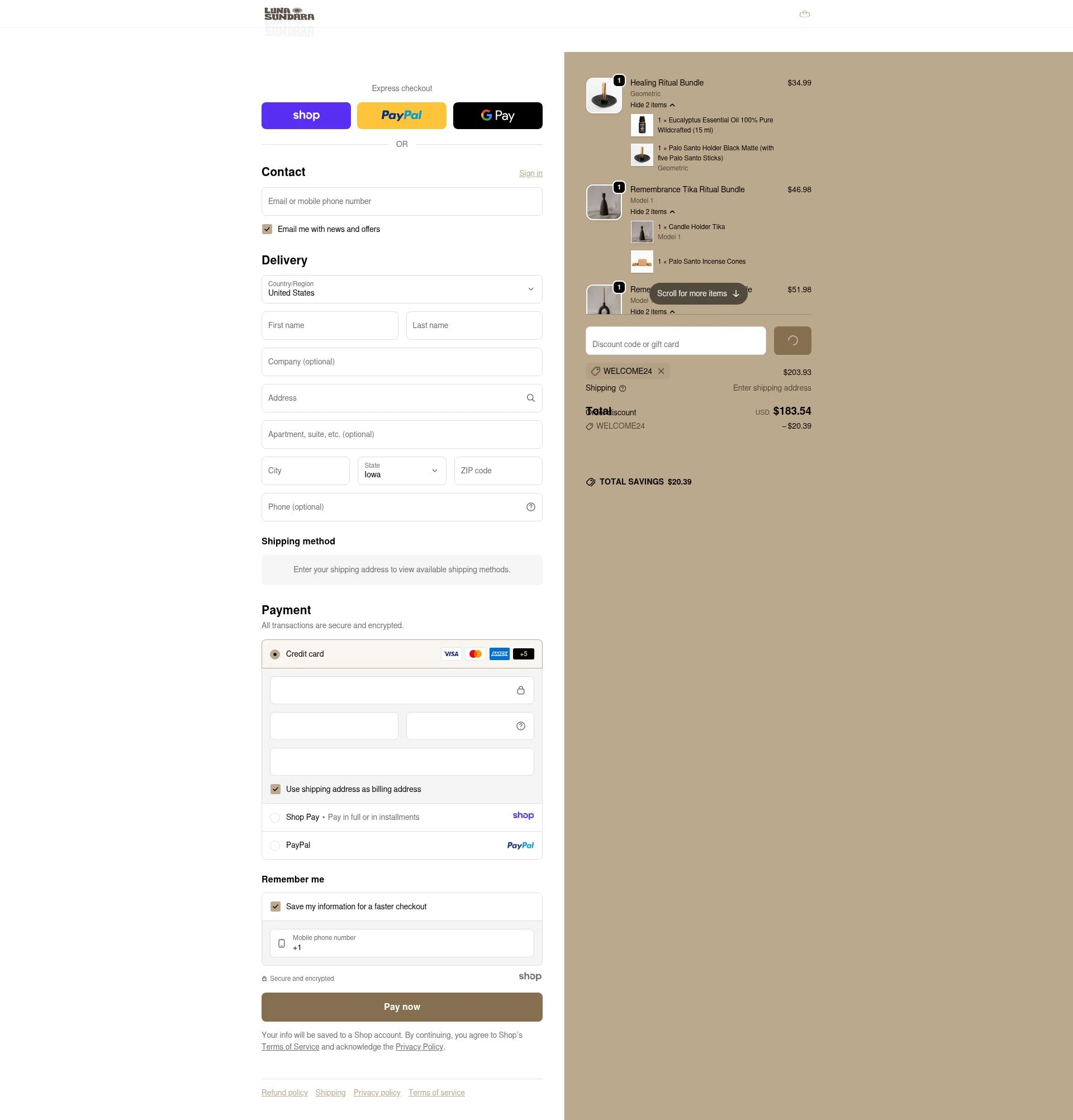 Luna Sundara checkout page showing Luna Sundara promo code box | Screenshot taken by SimplyCodes community member on Dec 28, 2025