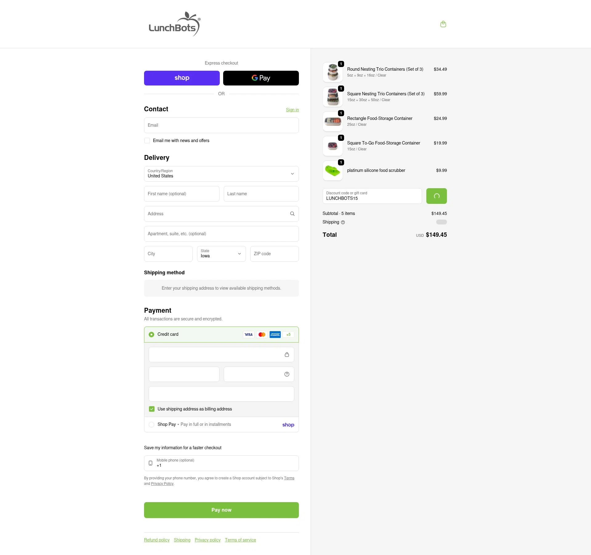LunchBots checkout page showing LunchBots promo code box | Screenshot taken by SimplyCodes community member on Feb 5, 2026