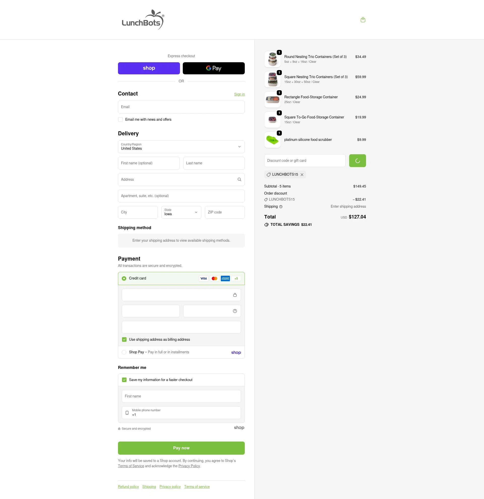 LunchBots checkout page showing LunchBots promo code box | Screenshot taken by SimplyCodes community member on Jan 27, 2026