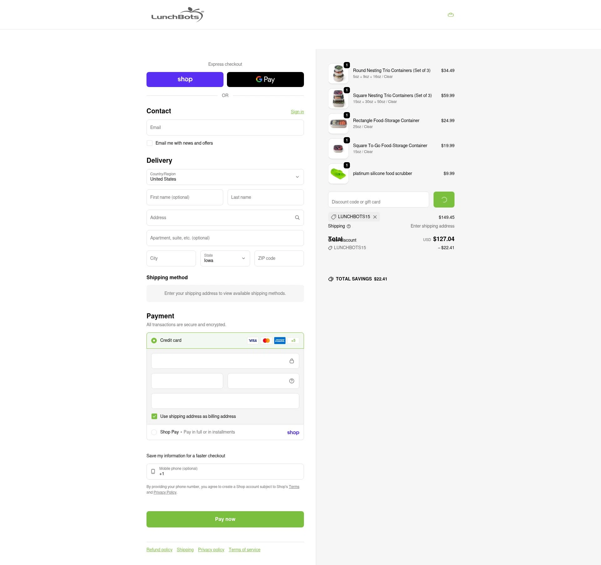 LunchBots checkout page showing LunchBots promo code box | Screenshot taken by SimplyCodes community member on Feb 1, 2026