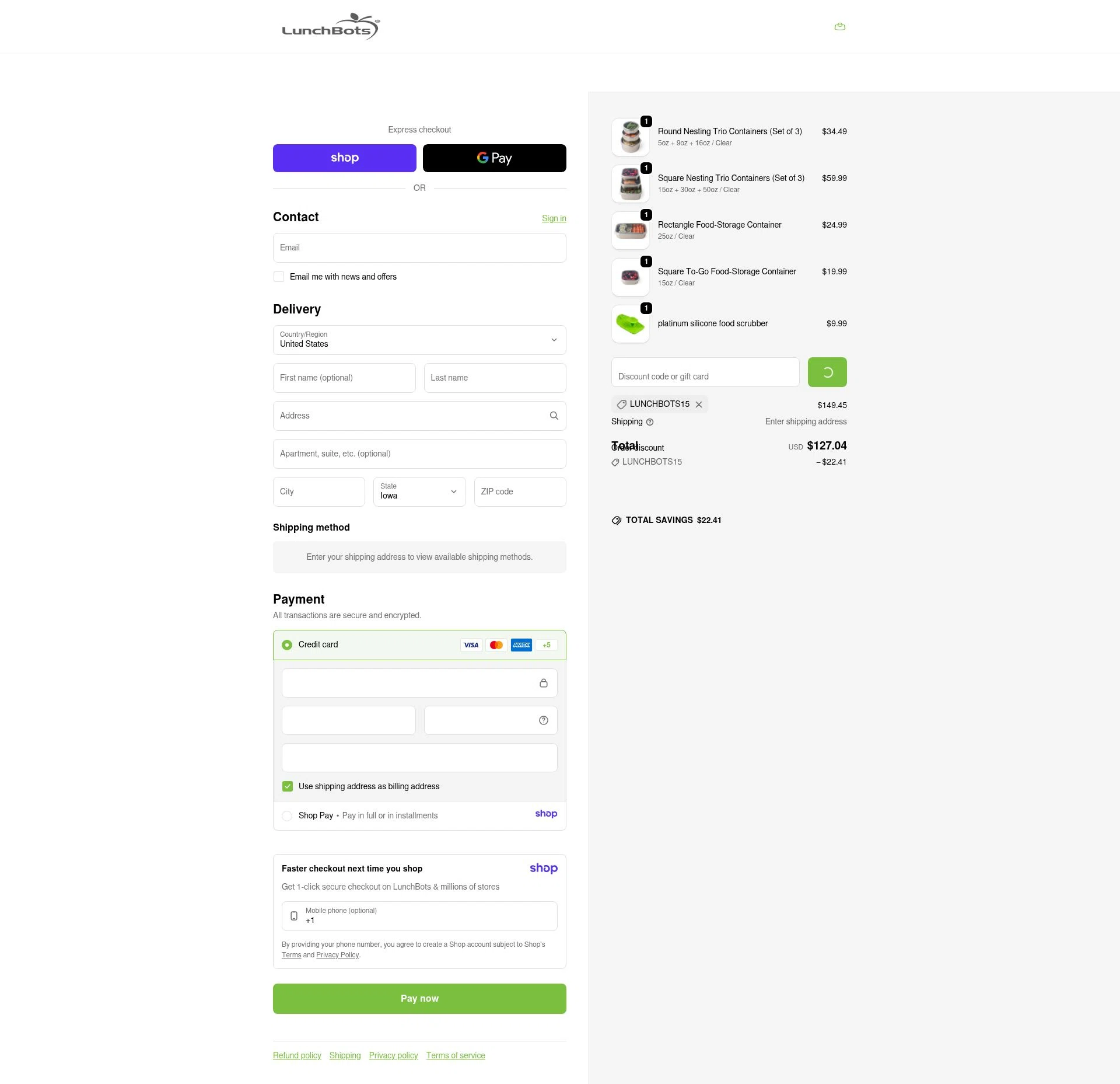 LunchBots checkout page showing LunchBots promo code box | Screenshot taken by SimplyCodes community member on Jan 8, 2026