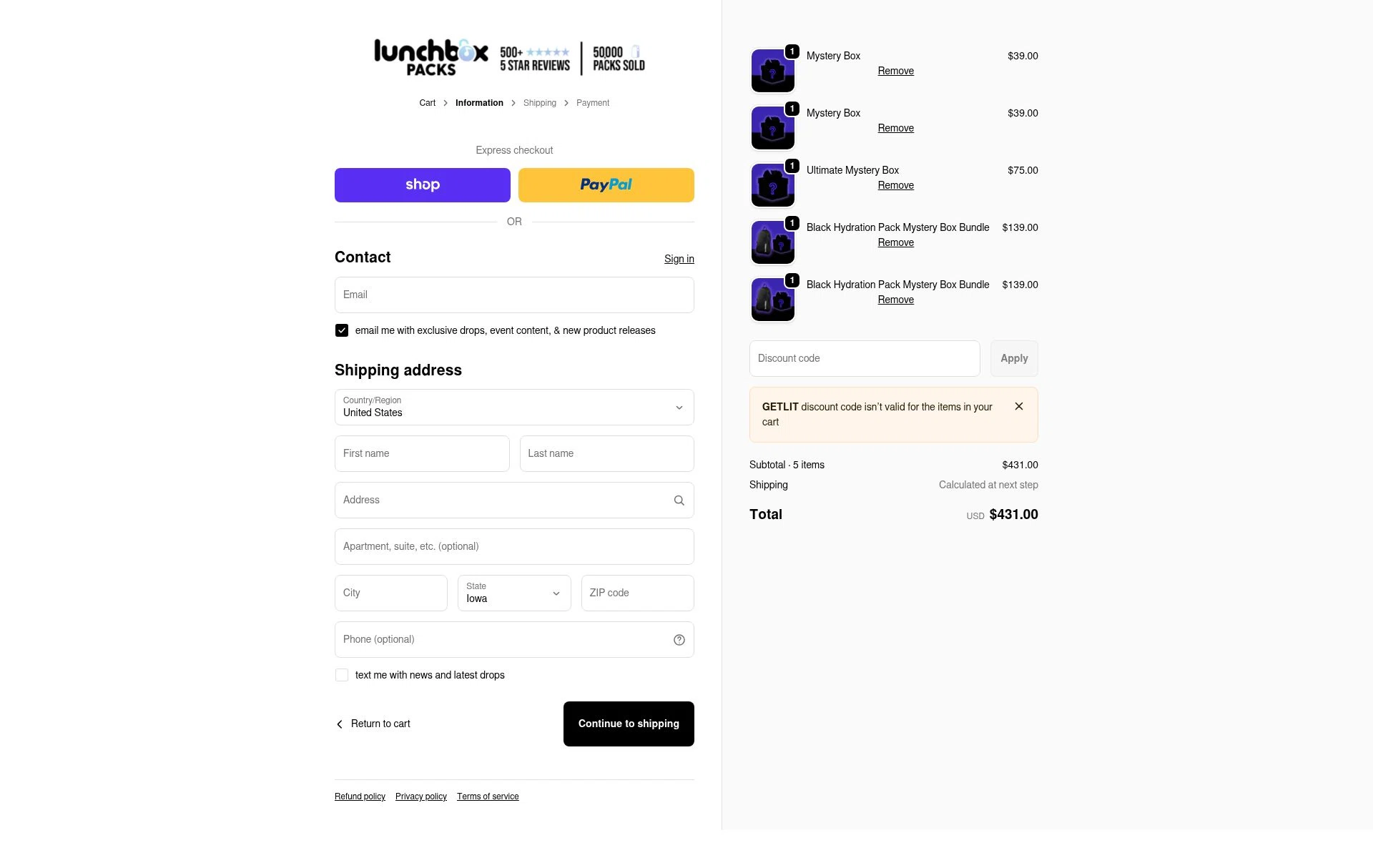 Lunchbox Packs checkout page showing Lunchbox Packs discount code box | Screenshot taken by SimplyCodes community member on Feb 17, 2026