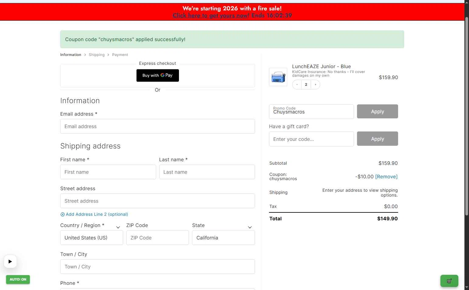 LunchEAZE checkout page showing LunchEAZE coupon code box | Screenshot taken by SimplyCodes community member on Feb 6, 2026