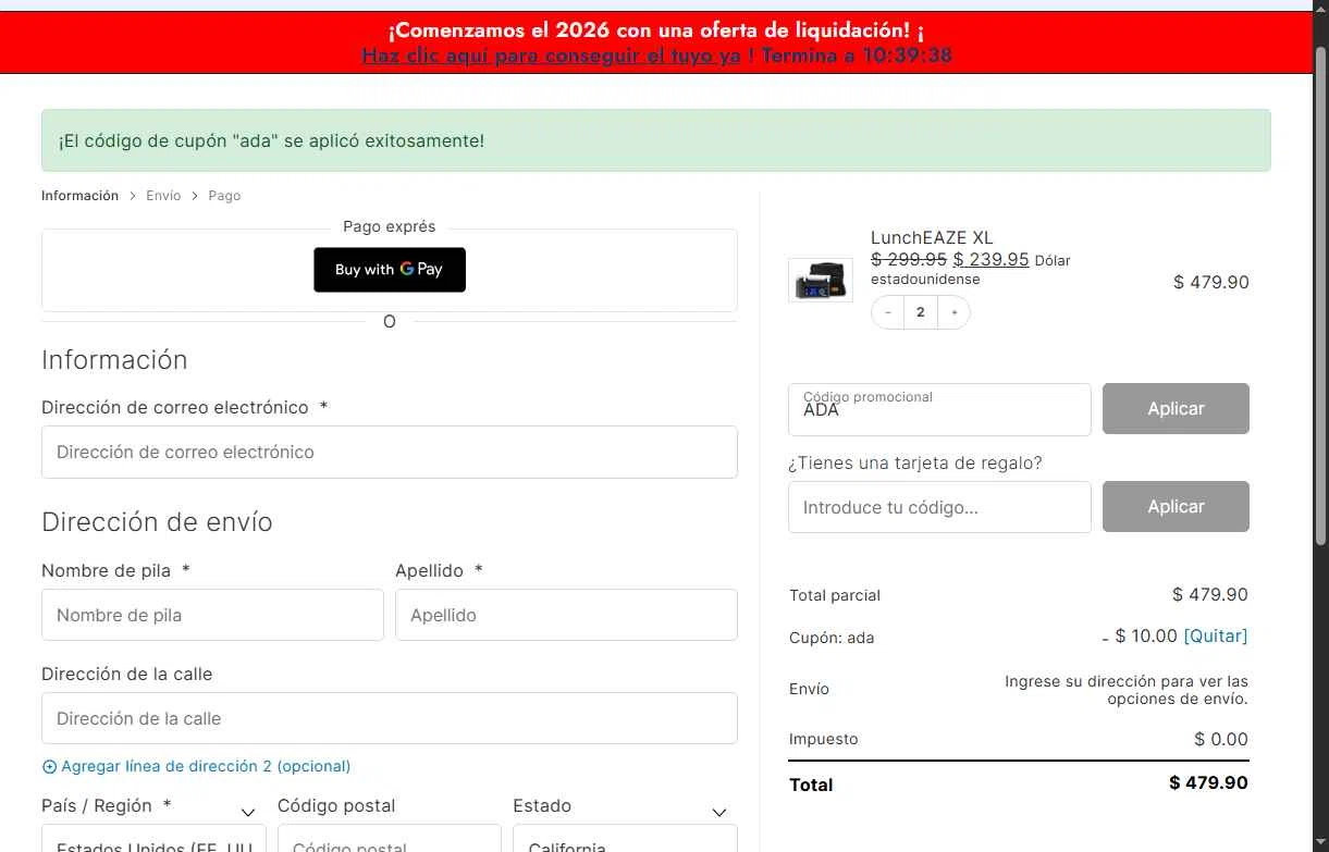 LunchEAZE checkout page showing LunchEAZE coupon code box | Screenshot taken by SimplyCodes community member on Jan 27, 2026