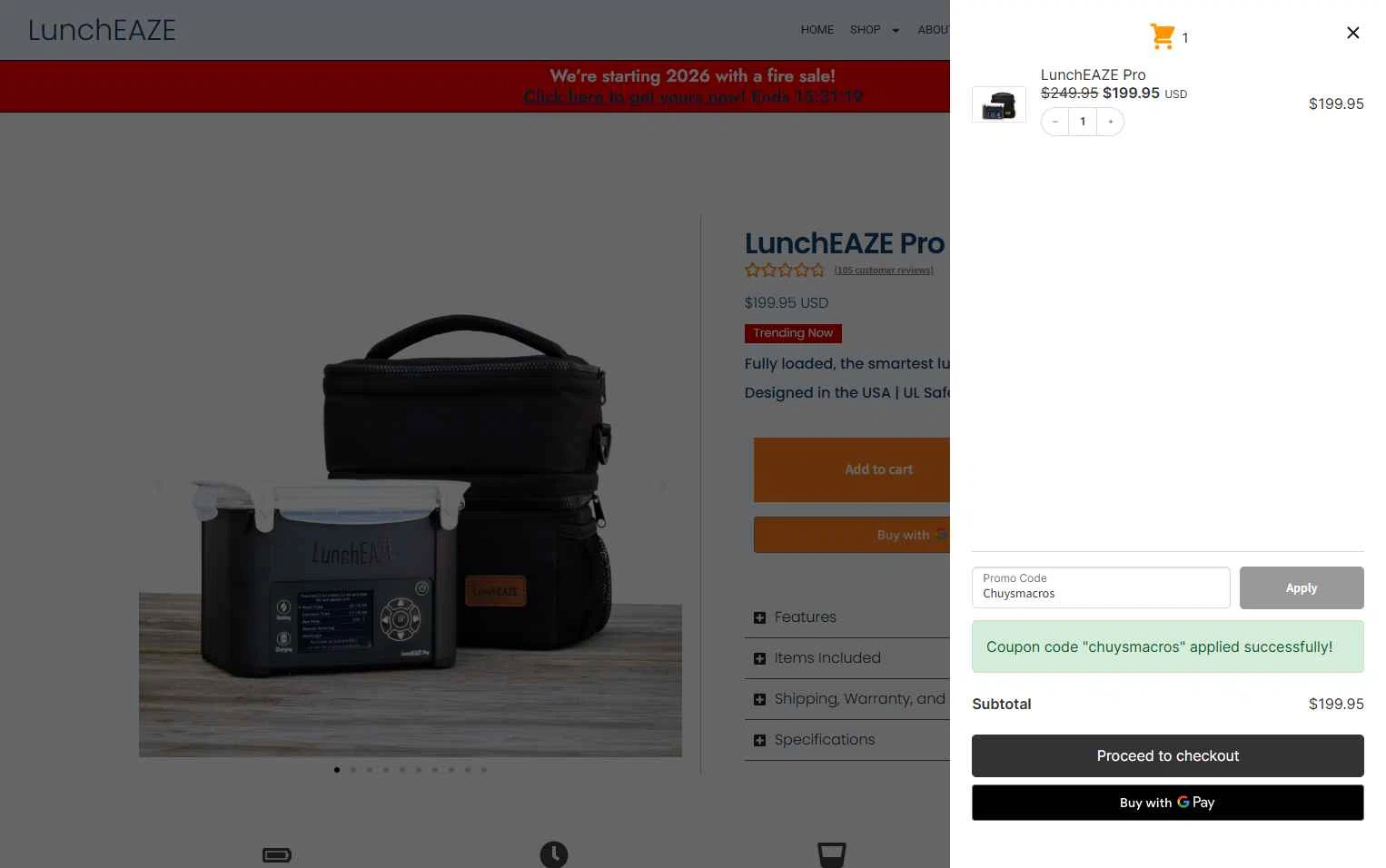 LunchEAZE checkout page showing LunchEAZE coupon code box | Screenshot taken by SimplyCodes community member on Jan 8, 2026