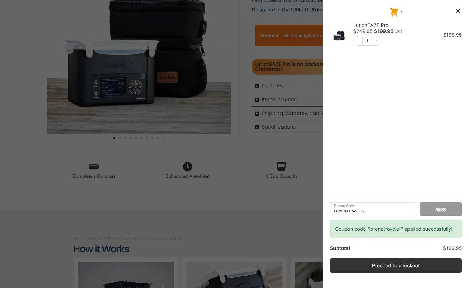 LunchEAZE checkout page showing LunchEAZE coupon code box | Screenshot taken by SimplyCodes community member on Dec 27, 2025