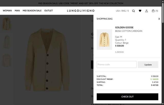 Lungolivigno Fashion checkout page showing Lungolivigno Fashion promo code box | Screenshot taken by SimplyCodes community member on Oct 1, 2025