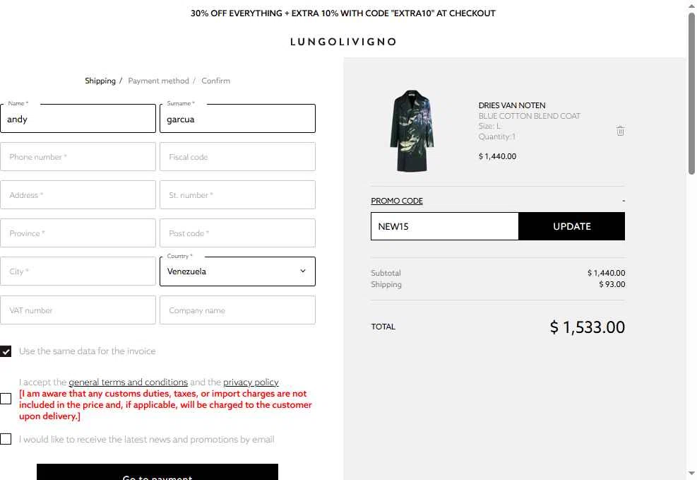 Lungolivigno Fashion checkout page showing Lungolivigno Fashion promo code box | Screenshot taken by SimplyCodes community member on Dec 4, 2025